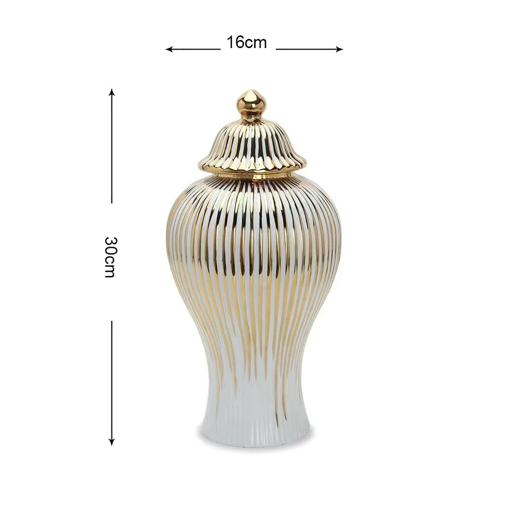 DecorBites™ Gold Striped Ceramic Jar Vase Hand-made Porcelain Home Decor Storage