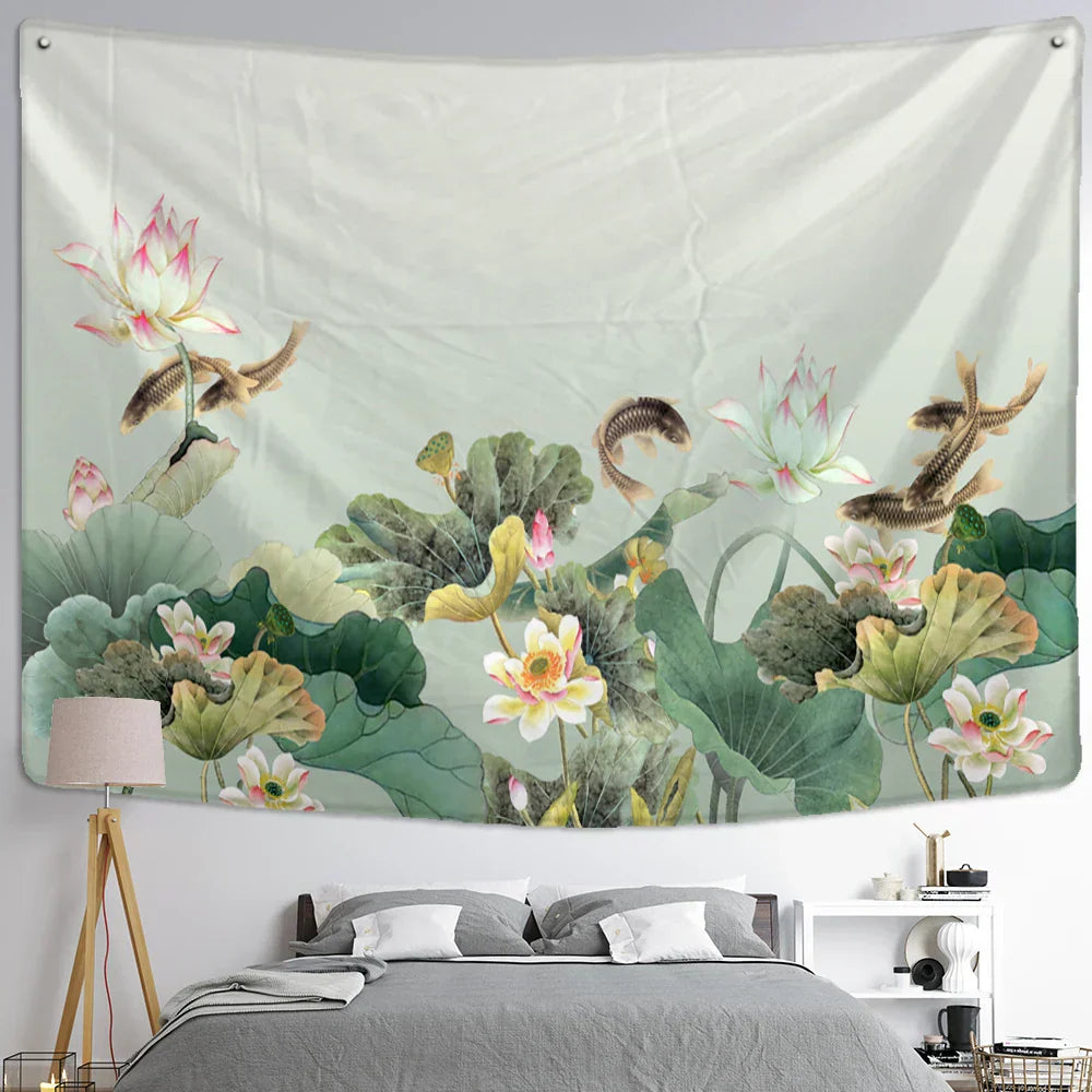DecorBites™ Koi Lotus Ink Tapestry Wall Hanging - Bohemian Aesthetics Home Decor