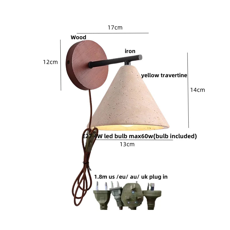 DecorBites™ Iron Yellow Travertine Wall Lights, Pull Chain Switch, LED Sconce for Bedroom, Bathroom.