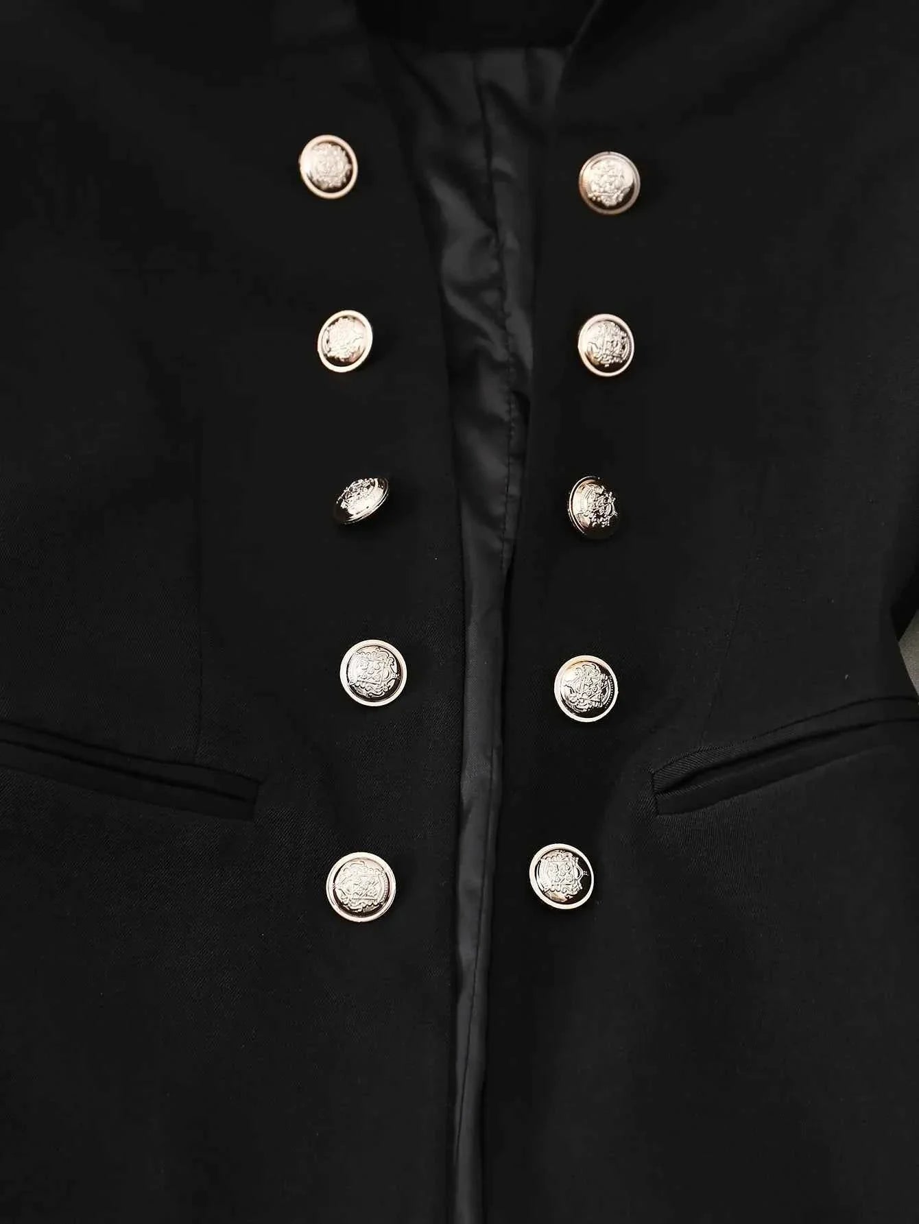Elegant Black Double-Breasted Jacket with Golden Buttons Polyester Blend Formal Attire