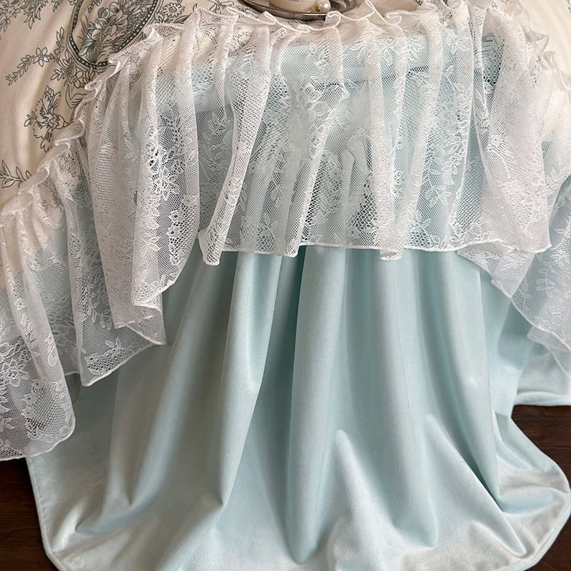 DecorBites™ French Lace Ruffles Princess Bedding Set - Velvety Warm Quilt Cover, Bed Skirt, Bedspread, Pillowcases