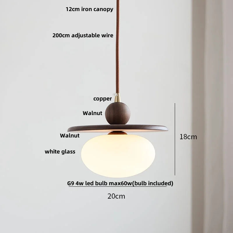 DecorBites™ Glass LED Pendant Lamp Walnut Wood Brass Hanging Lights