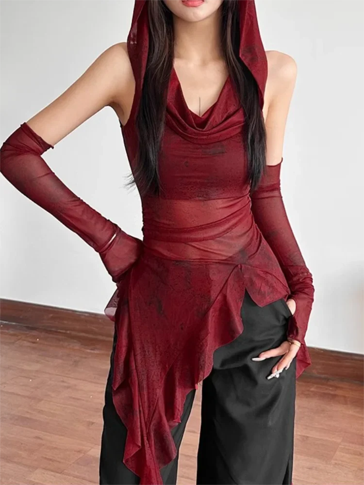 Red Mesh See Through Top Streetwear T-shirt Irregular Ruffle