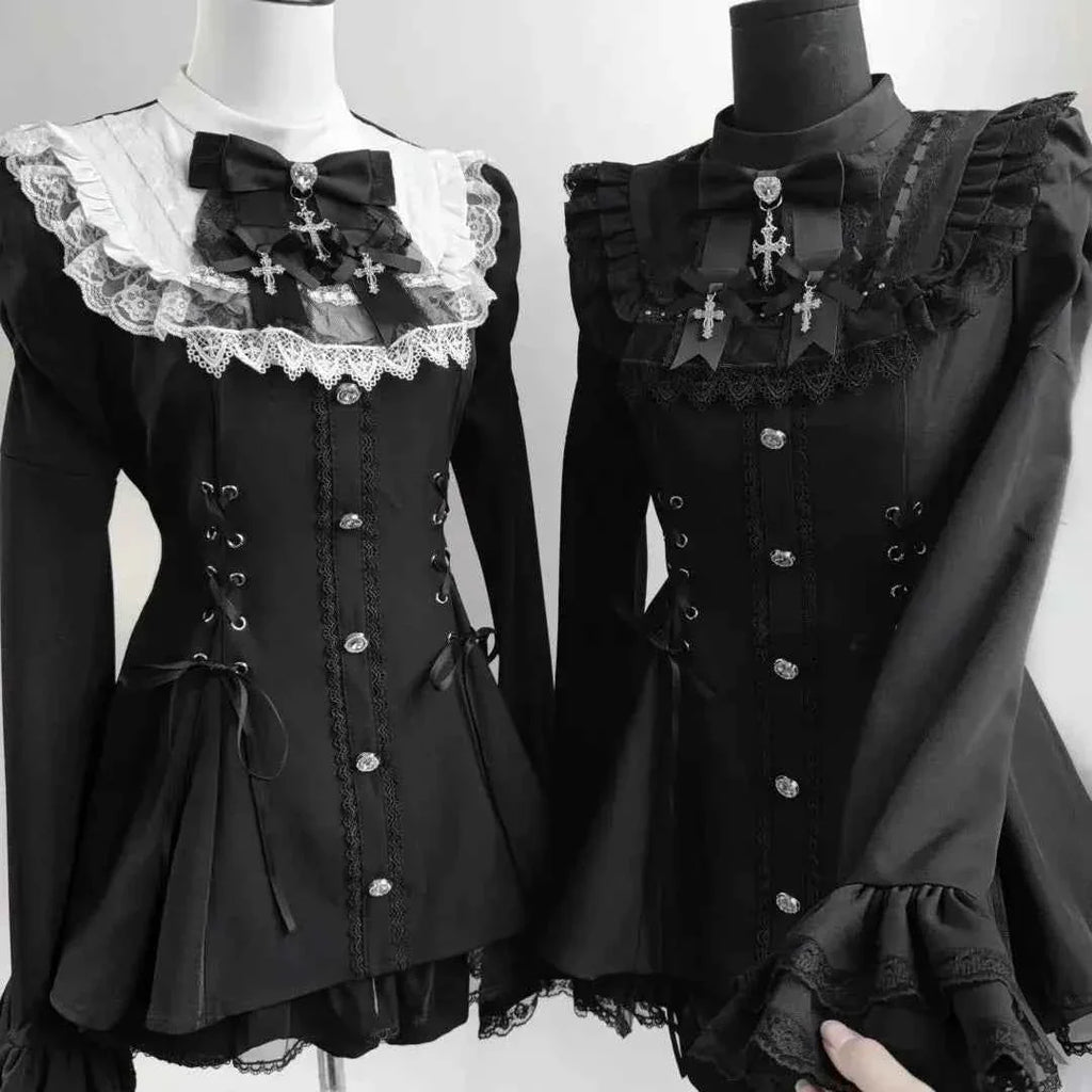 Y2k Aesthetic Lolita Style Bow Dress Set Women's Gothic Lace Flare Sleeve Button T-shirt Dress Punk Party Mini Dress