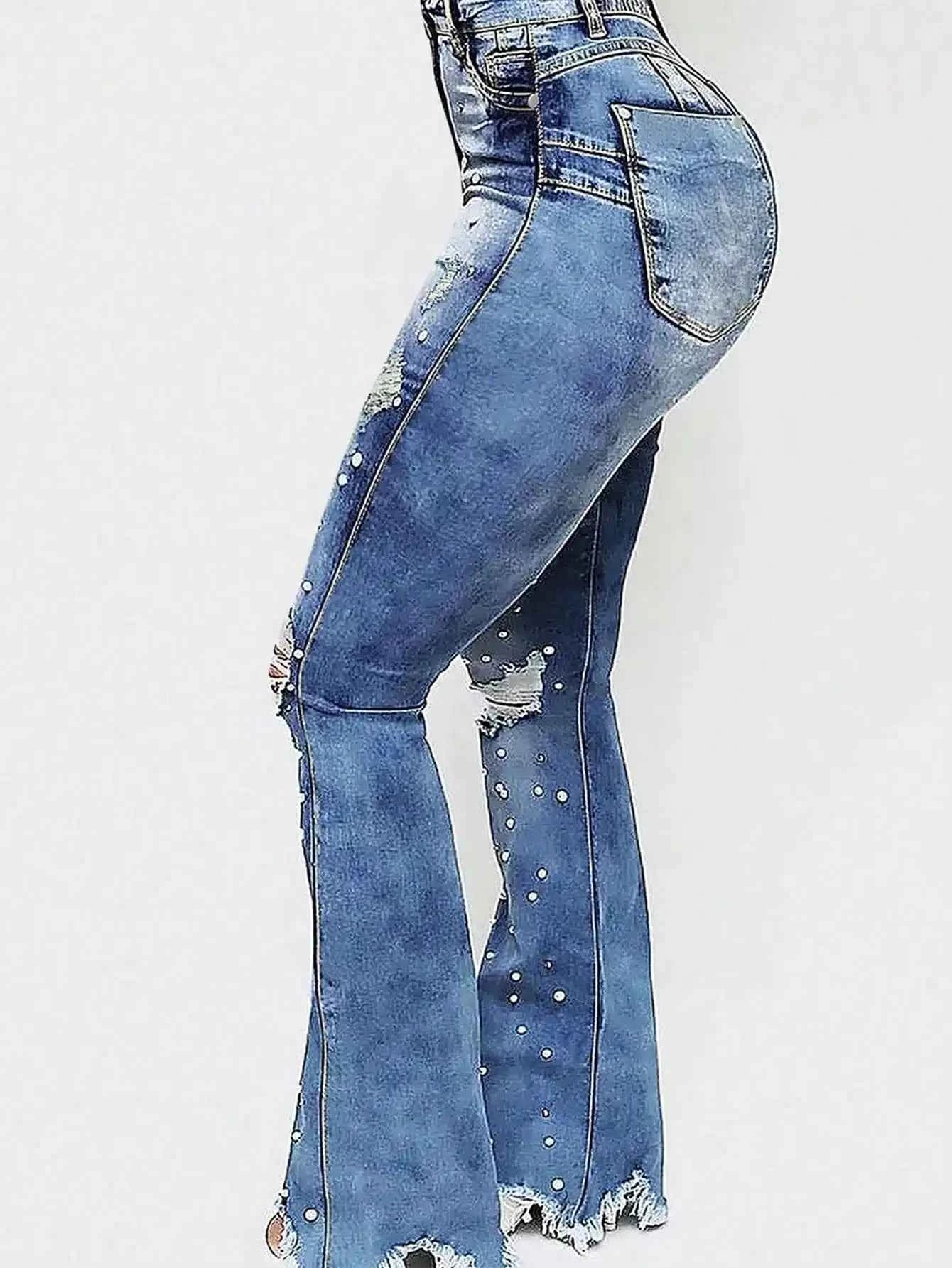 Women's Custom Made High Waisted Ripped Flared Jeans with Beads, Elastic Denim Street Style