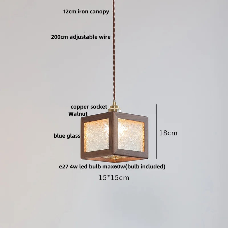 DecorBites™ Glass LED Pendant Lamp Walnut Wood Brass Hanging Lights