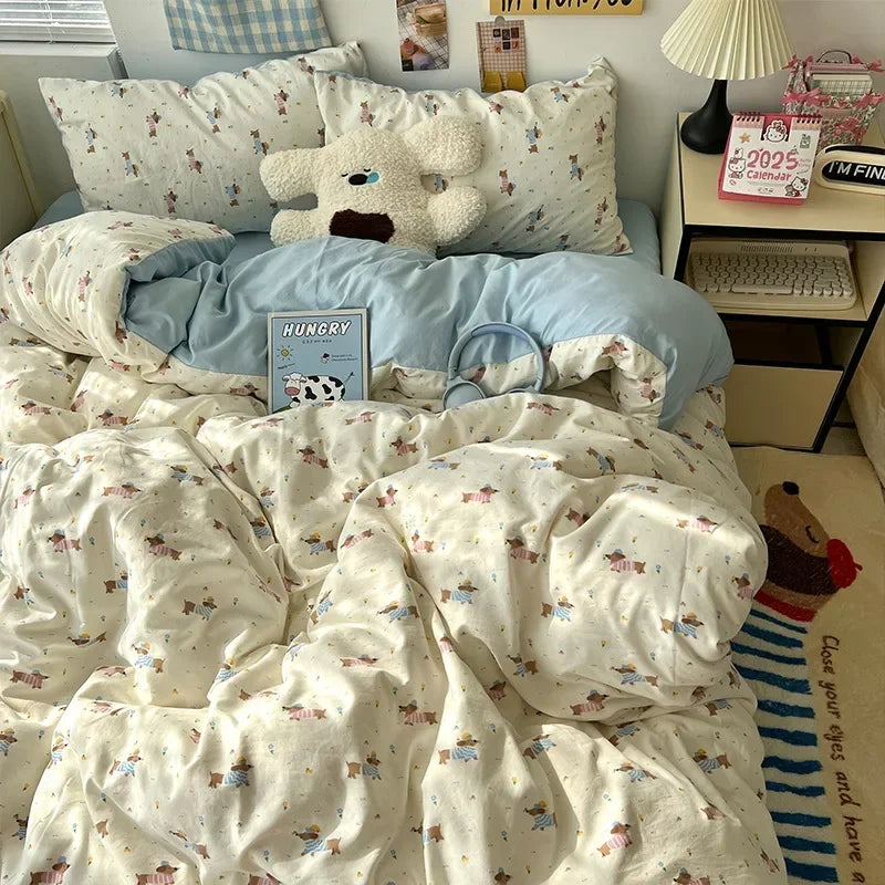 DecorBites™ Cute Cartoon Washed Cotton 4-Piece Bedding Set for Spring Soft Skin-Friendly Sheets