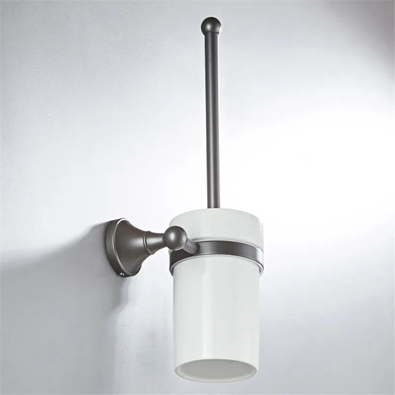 DecorBites™ Gray Bathroom Accessories Set: Towel Rack, Toilet Brush Holder, Shelf, Soap Dish