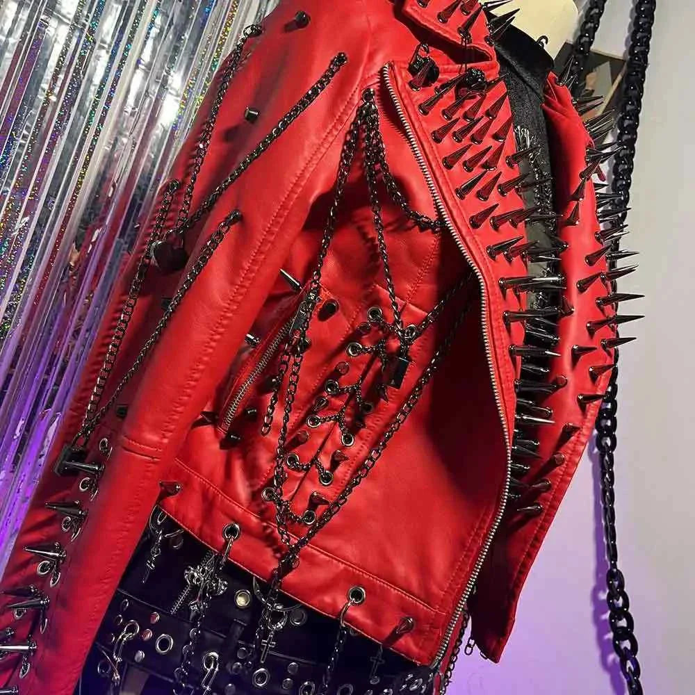 Women's Spiked Studded Rivet Goth Emo Pu Leather Jacket Grunge