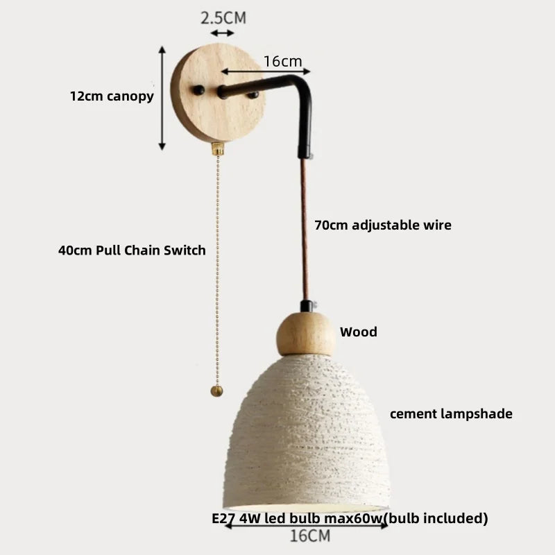 DecorBites™ Japanese Style LED Wall Light Cement Bedside Lamp with Pull Chain Switch