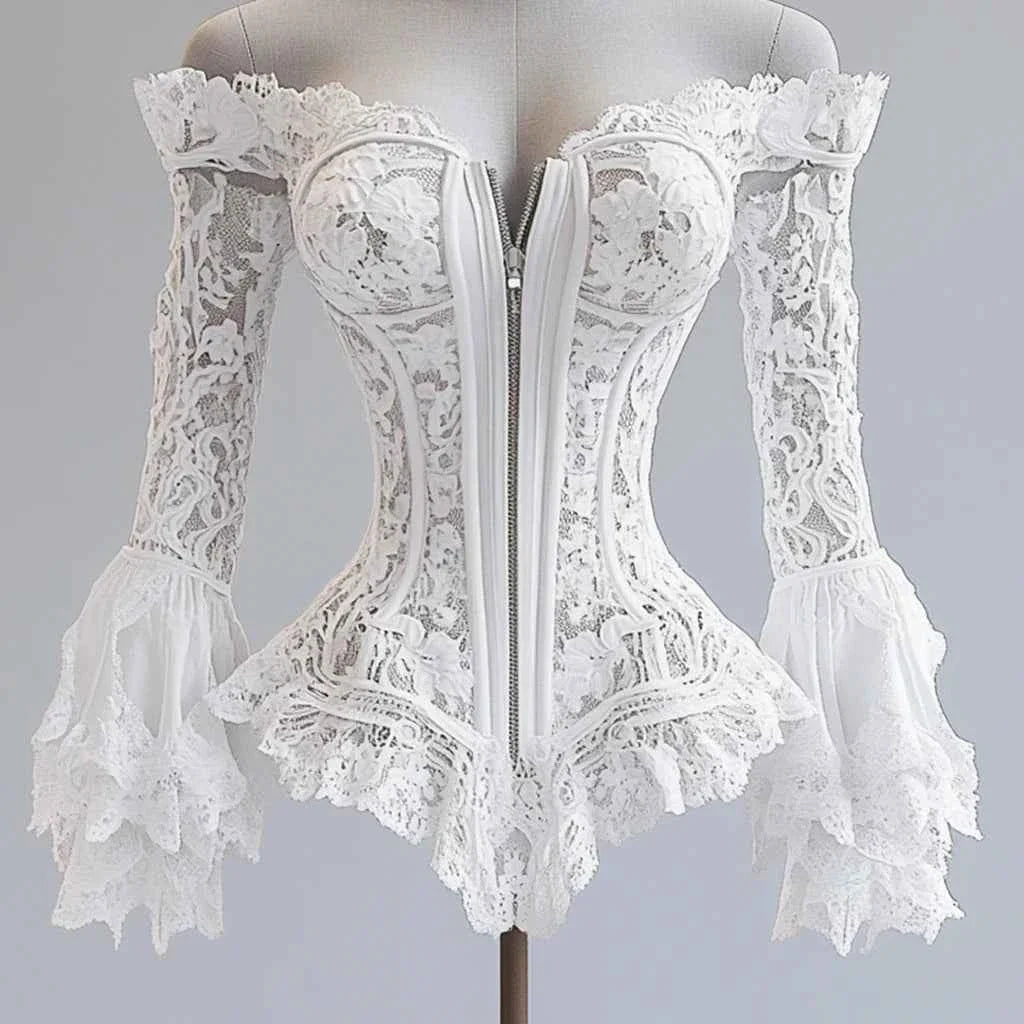 Off Shoulder Lace Blouse for Women Flare Sleeve Zipper Fly Solid Elegant Chic Hollow Out Long Sleeve Irregular Hem