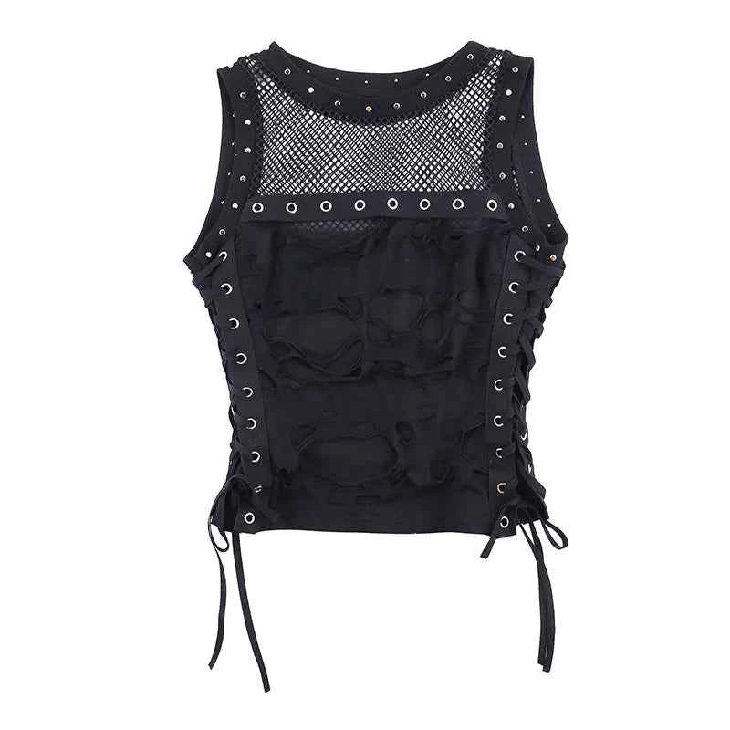 Gothic Crop Top T-Shirt for Women Sexy Fishnet Backless Steampunk
