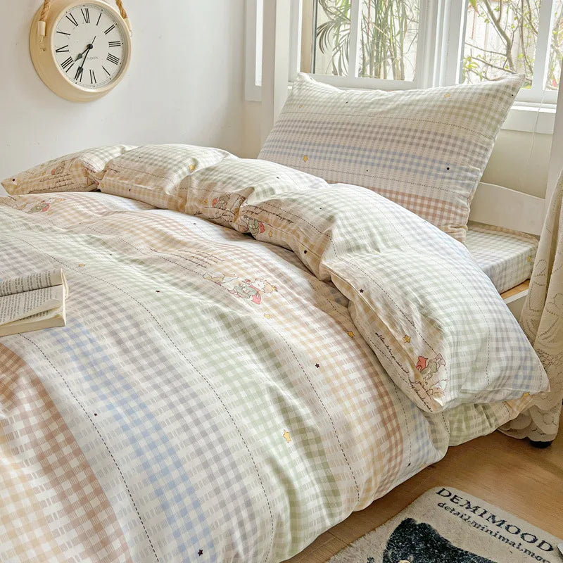 DecorBites™ Cotton Grid Pattern Bedding Set with Duvet Cover & Pillowcases for Double Bed