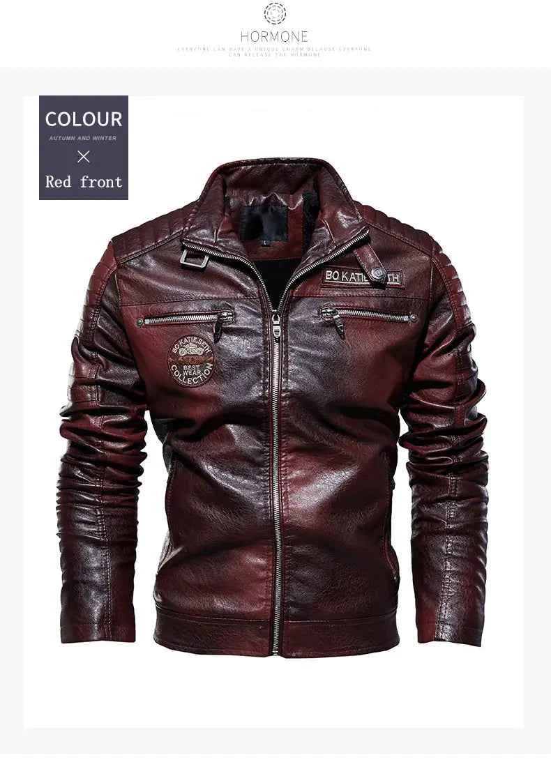 Leather Coat Men Winter Fleece Motorcycle Faux Leather  Removable Fur Collar