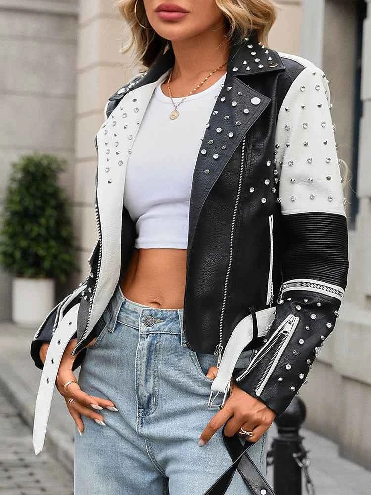 Women's Street Rivet Black White Faux Leather Jacket Moto Biker Punk Jacket