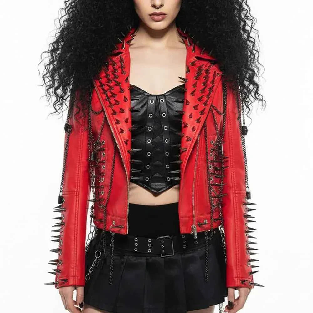 Women's Spiked Studded Rivet Goth Emo Pu Leather Jacket Grunge