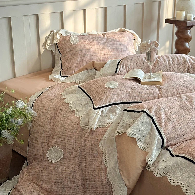 DecorBites™ French Lace Ruffles Lattice Bedding Set 1000TC Egyptian Cotton Duvet Cover Sheets Pillows