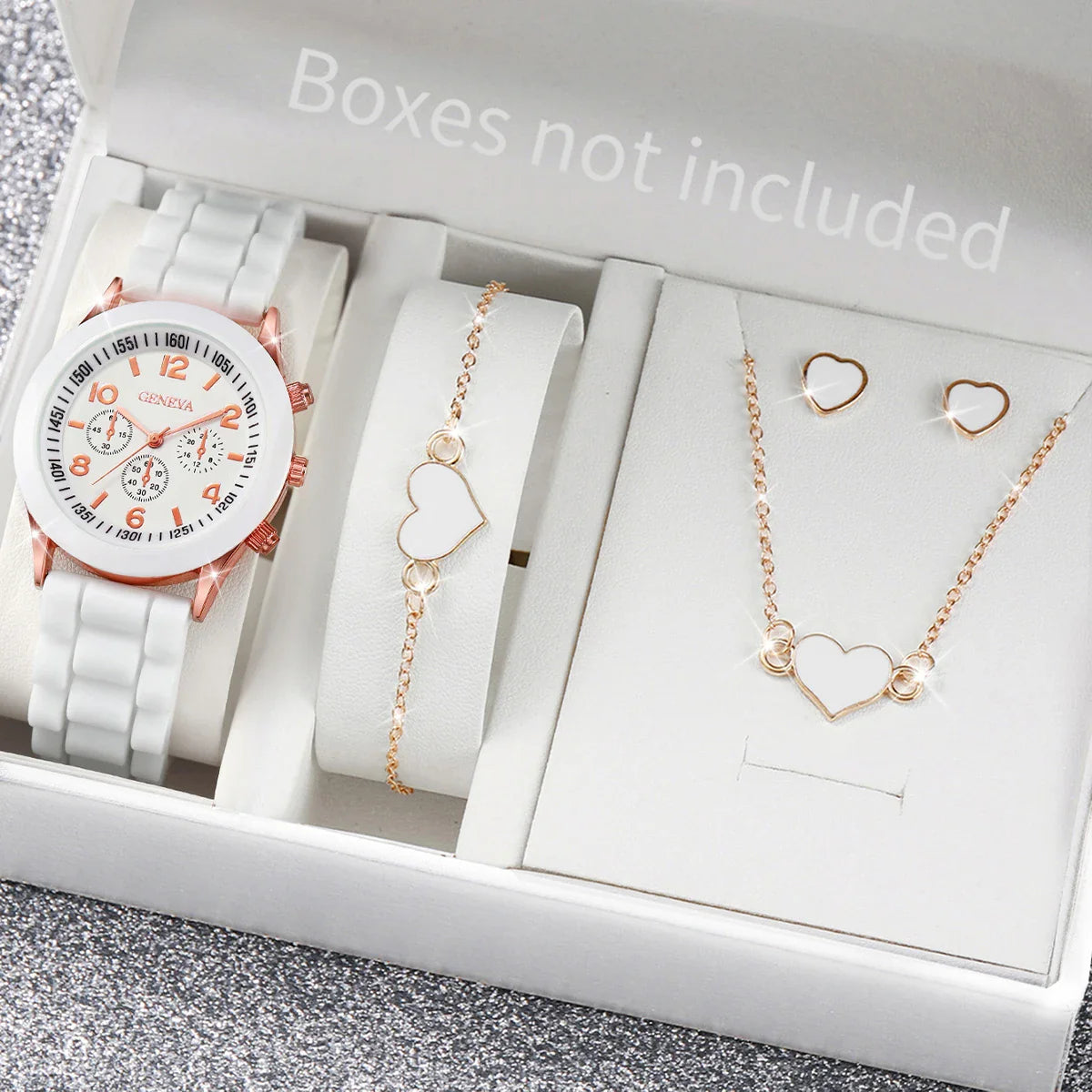 5/6-Piece Women's Quartz Watch Jewelry Gift Set – Silicone Band Watch with Bracelet, Necklace & Earrings