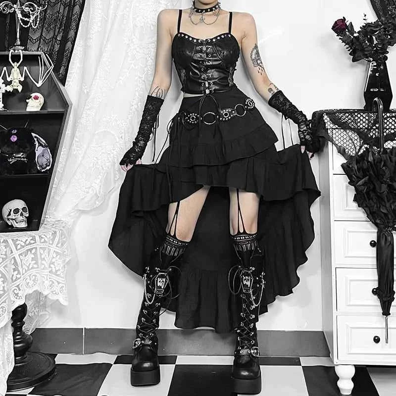 Goth Dark Kawaii Black Tiered Skirt 90S Retro Irregular Hem