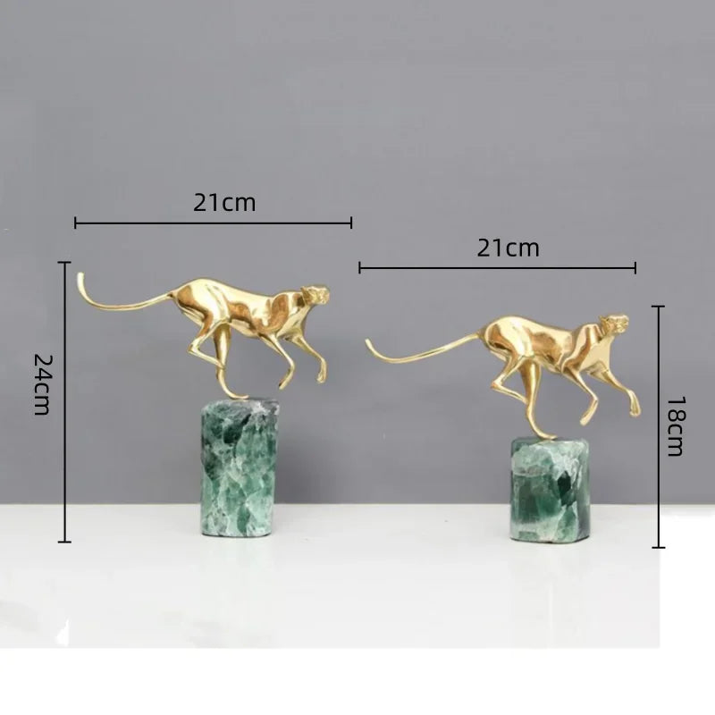 DecorBites™ Golden Leopard Brass Cheetah Figurine Green Marble Base Metal DecorAccessory