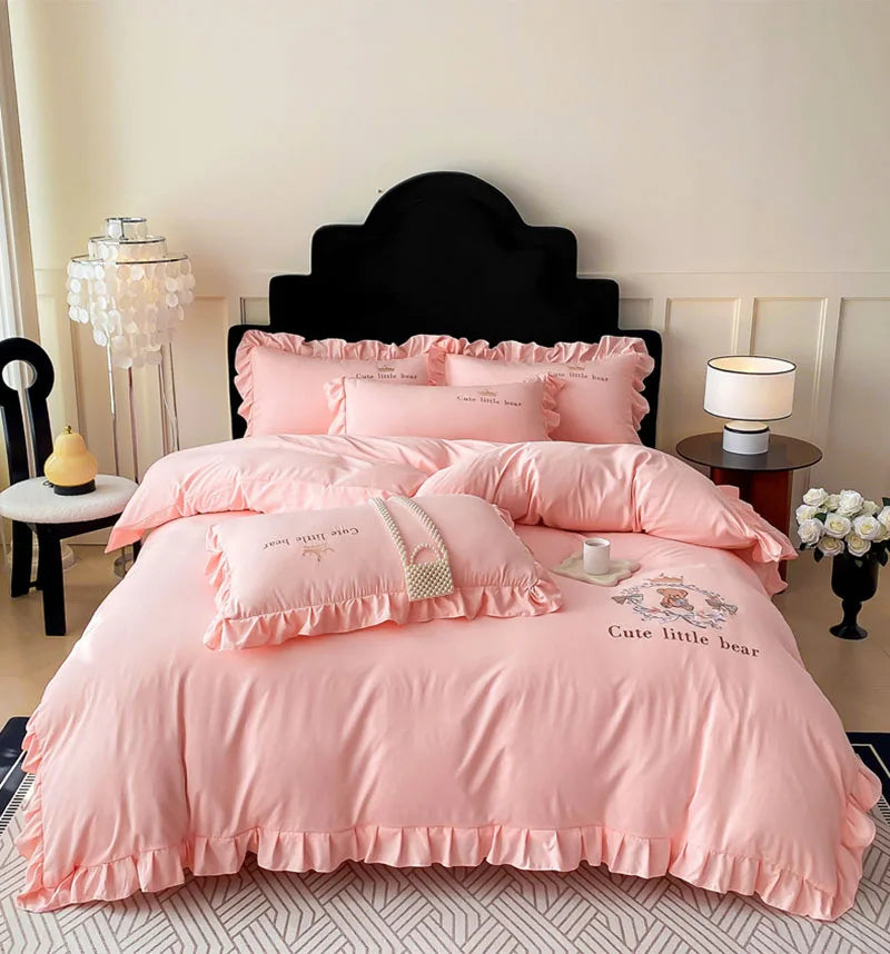DecorBites™ French Embroidered Cotton Bed Skirt Set with Ruffled Edges