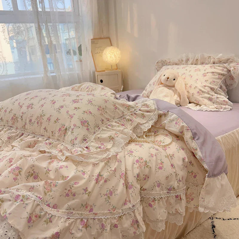 DecorBites™ Korean Princess Style Floral Lace Ruffles Bedding Set with Pillowcase