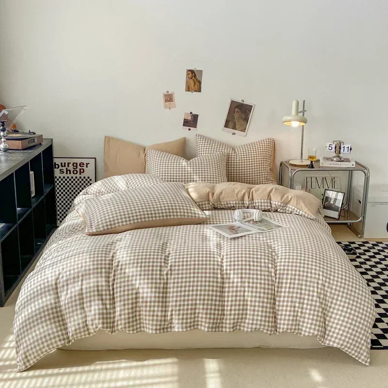 DecorBites™ Japanese Style Check Duvet Cover Set - Soft Washed Quilt Cover & Pillowcase