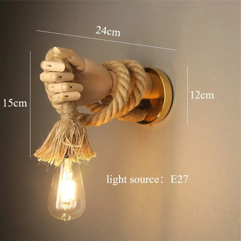DecorBites™ Hand Shape Wall Light Industrial Loft Hemp Rope E27 Wall Lamp