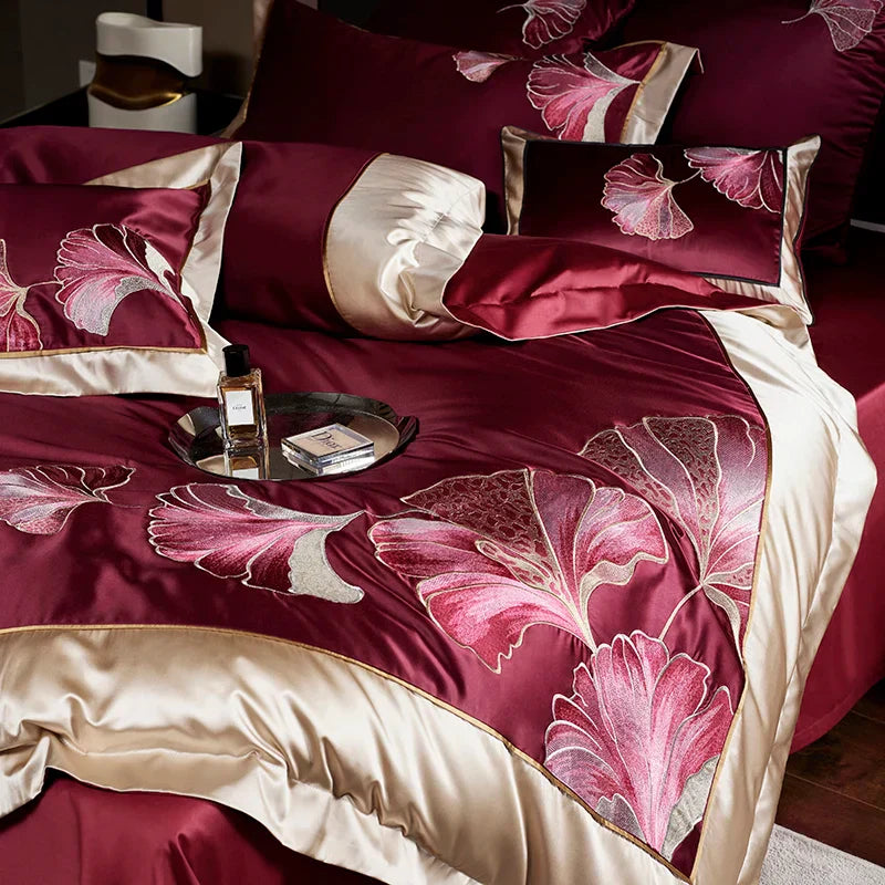 DecorBites™ Ginkgo Biloba Embroidery 1000TC Egyptian Cotton Bedding Set