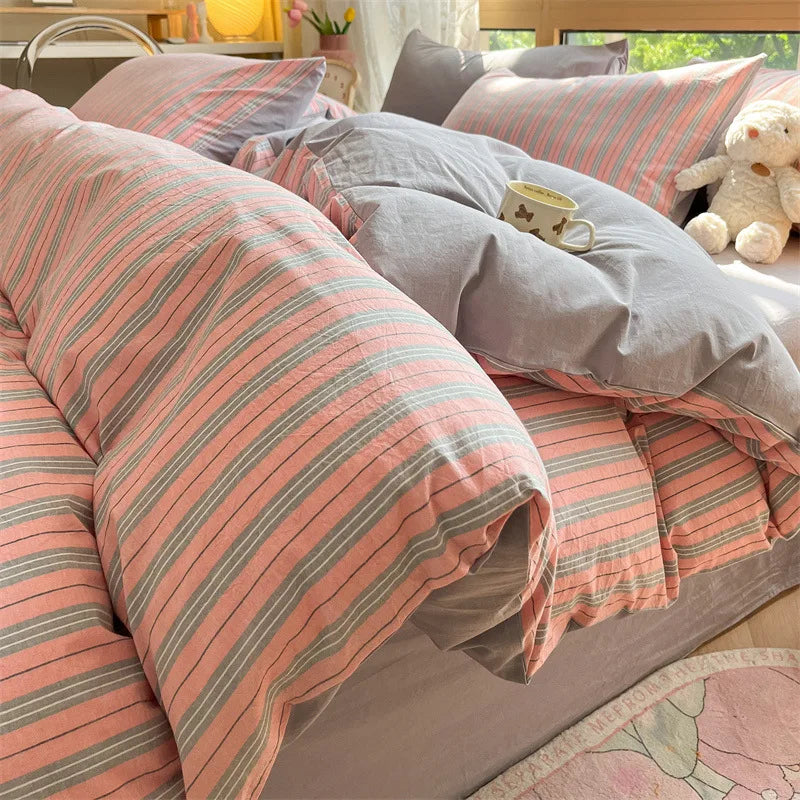 DecorBites™ Cotton Striped Bedding Set Yarn Dyed Washed Duvet Cover Single Bedclothes