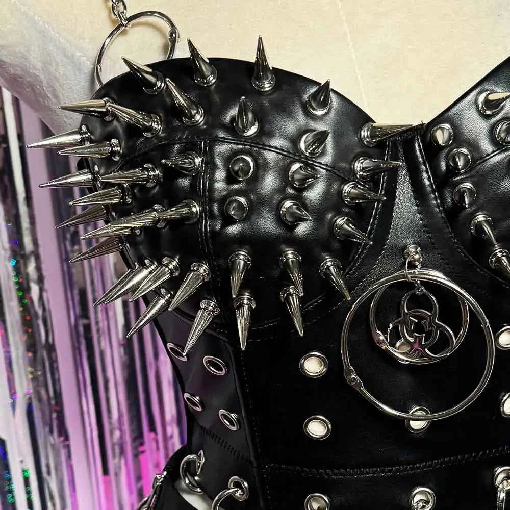 Goth Top with Spikes Grunge PU Leather Tank T-shirt