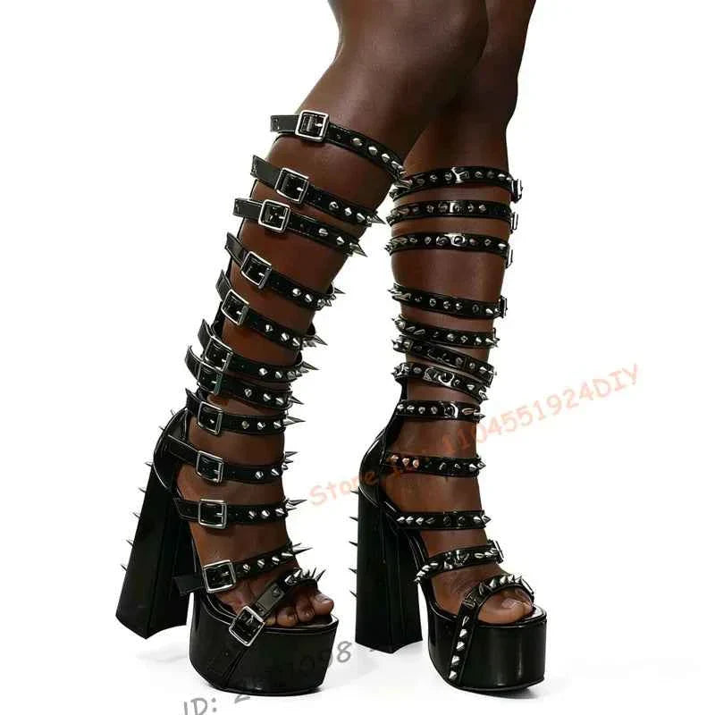 Punk Gladiator Summer Boots Women's Black Leather Studs
