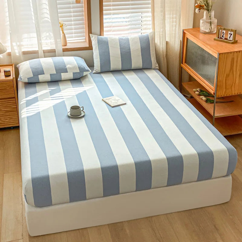 DecorBites™ Cotton Stripe Fitted Sheet- Single Cozy Mattress Cover with Elastic Band