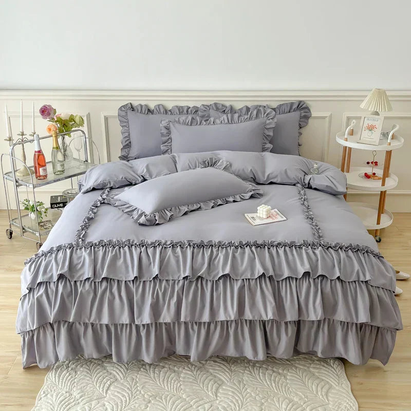 DecorBites™ Lace Ruffle Princess Bedding Set with Bed Skirt & Pillowcases