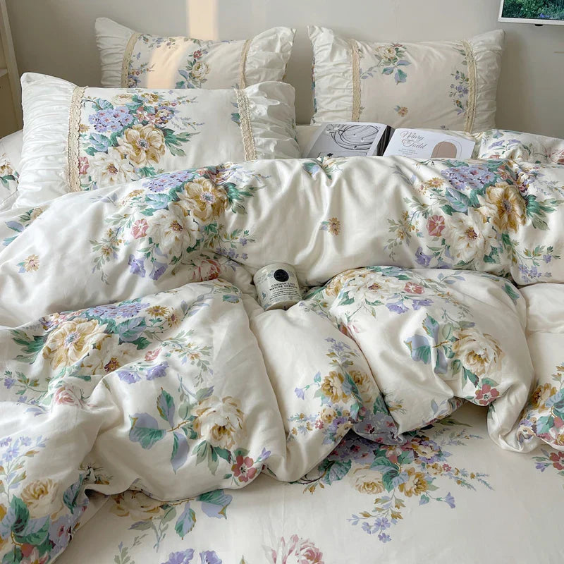DecorBites™ Korean Princess Flowers Bedding Set - Duvet Cover, Bed Skirt, Pillowcases