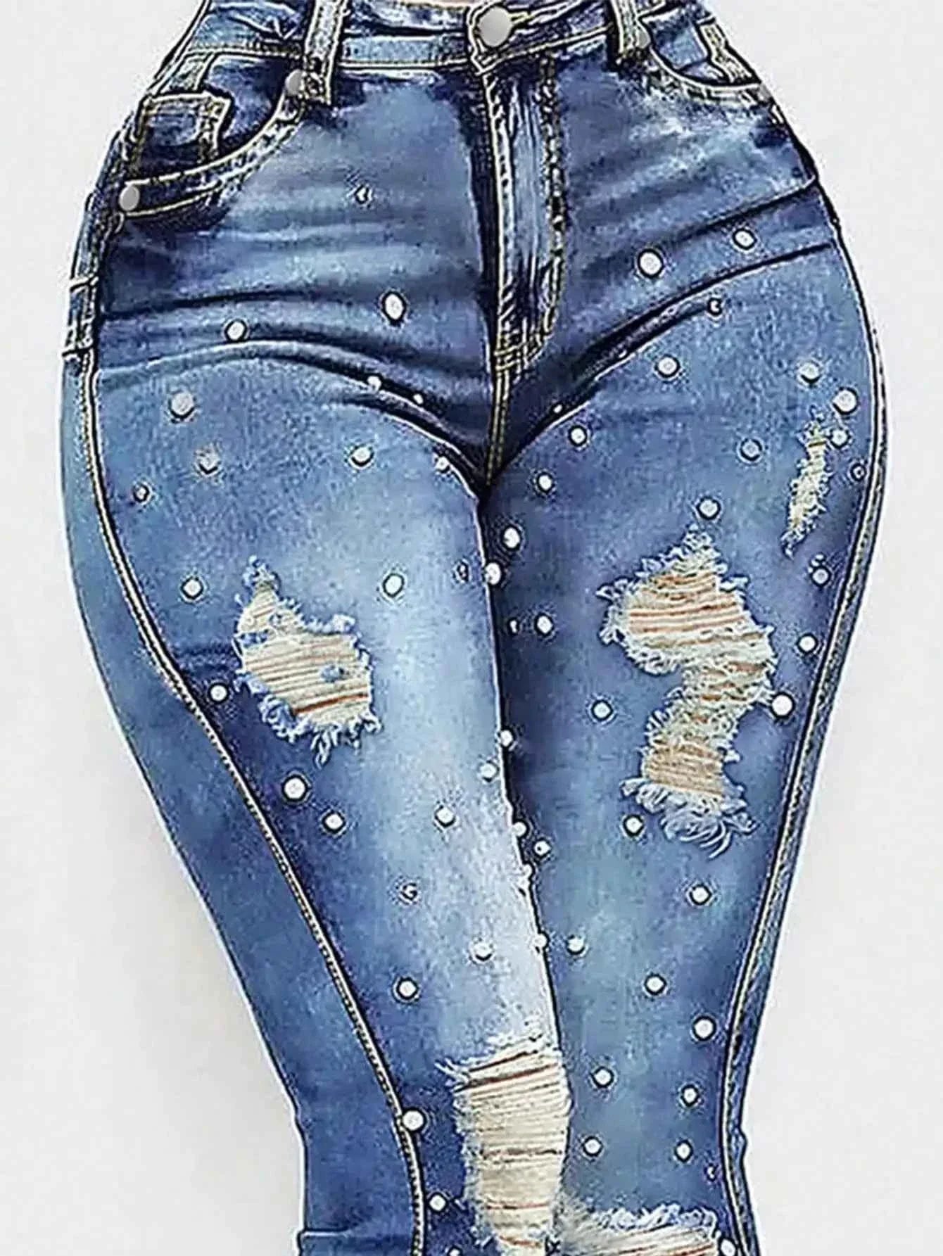 Women's Custom Made High Waisted Ripped Flared Jeans with Beads, Elastic Denim Street Style