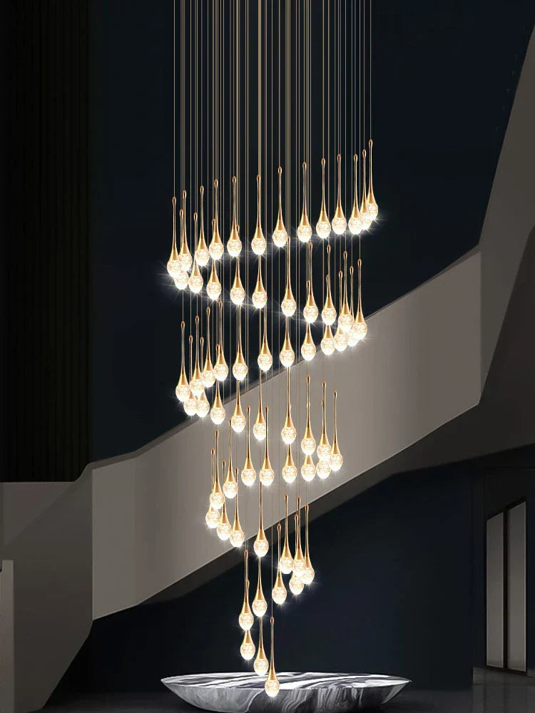 DecorBites™ Crystal LED Staircase Chandelier - Gold Pendant Lamp for Living Room & Lobby