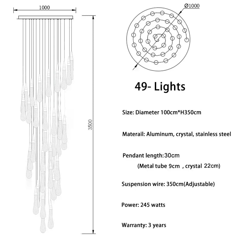 DecorBites™ Gold Drop Design LED Crystal Chandelier for Staircase & Lobby