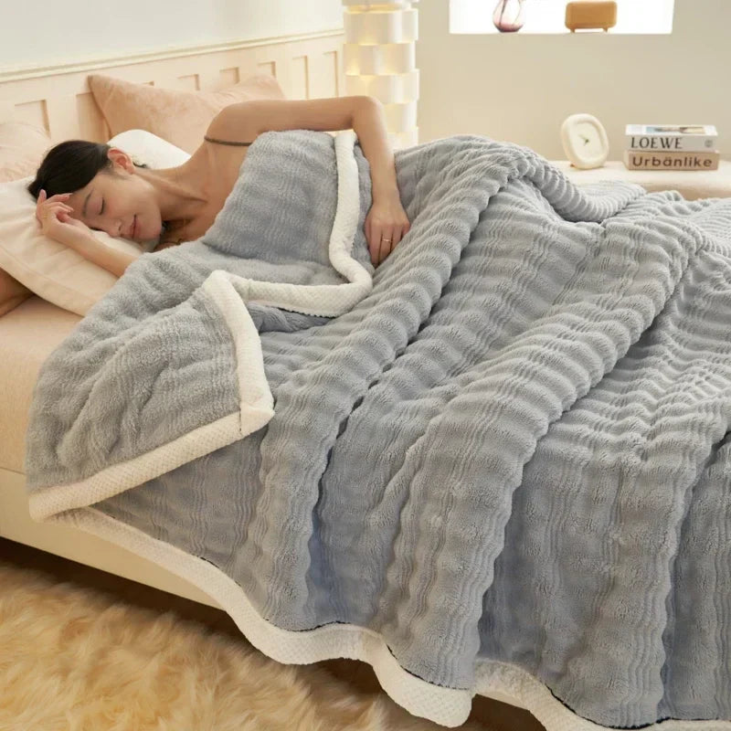 DecorBites™ Cozy Rabbit Plush Blanket: Soft Striped Warm Sofa Throw, Absorbent Breathable Nap Blanket