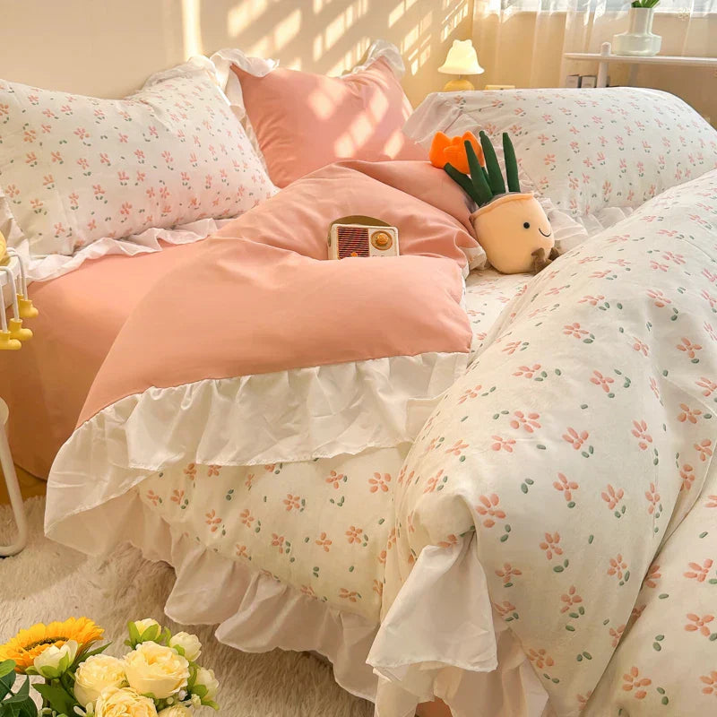 DecorBites™ Korean Princess Floral Ruffles Bedding Set: Single/Queen Duvet, Cover, & Pillowcases