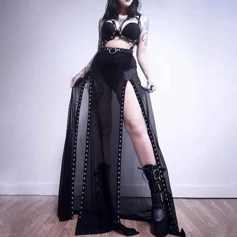 Goth Mesh Side Slit Skirt Lace Up