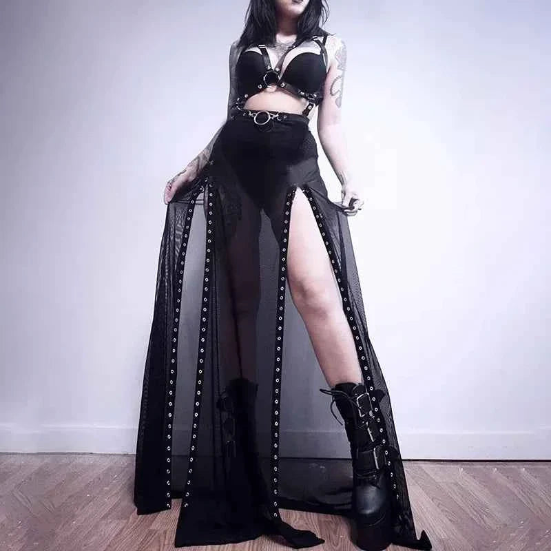 Goth Mesh Side Slit Skirt Lace Up