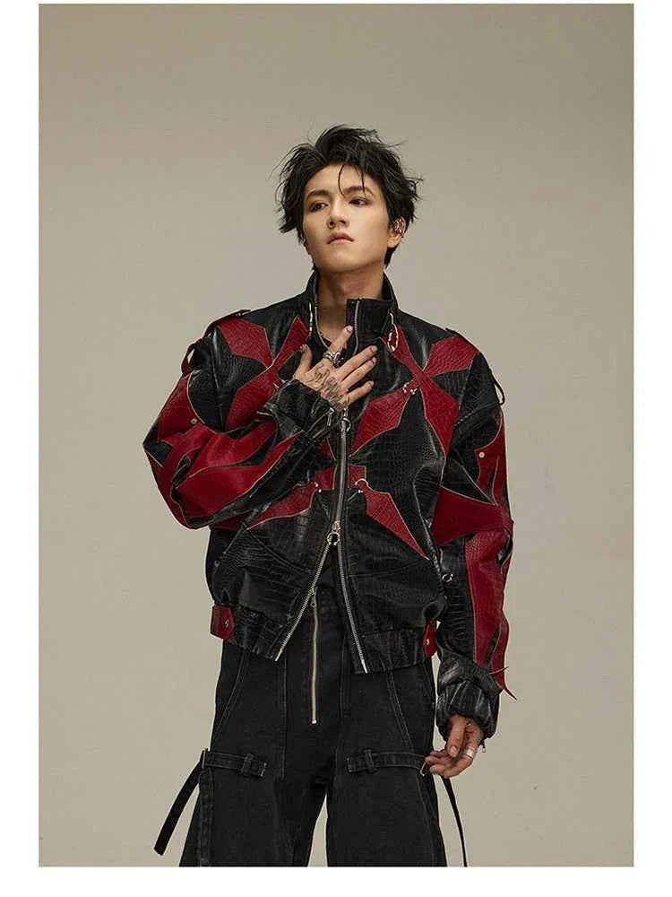 High Quality Crocodile Patchwork Pu Leather Coat Luxury Streetwear Men's Gothic Urban