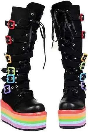Punk Style Round Toe Knee-High Platform Boots Rainbow Color Wedges