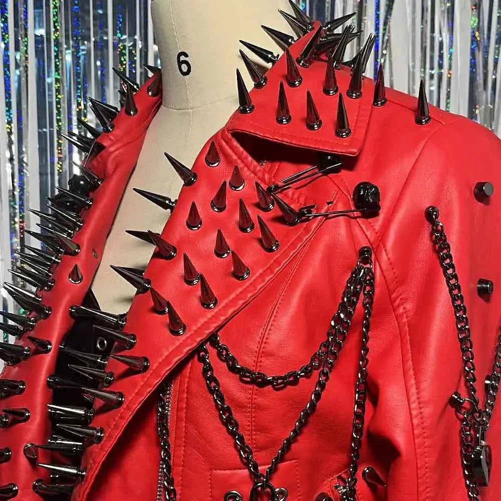 Women's Spiked Studded Rivet Goth Emo Pu Leather Jacket Grunge