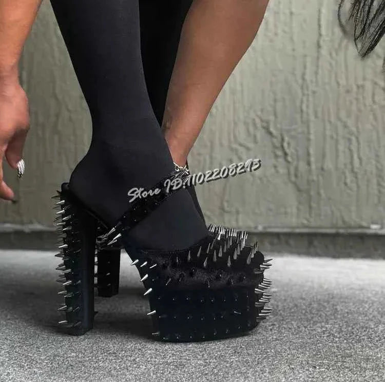 Spiked Square Toe Pumps Chunky High Heel Suede
