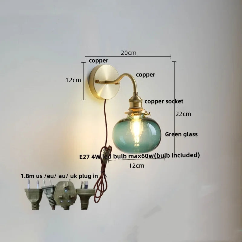 DecorBites™ Green Class Ball LED Wall Light Fixture, Copper Socket, Pull Chain Switch