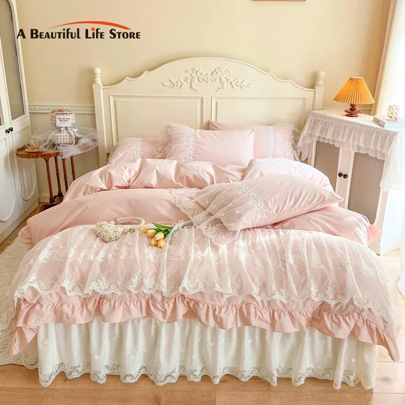 DecorBites™ French Princess Lace Ruffles Bedding Set, 100% Cotton, Pink Romantic Theme