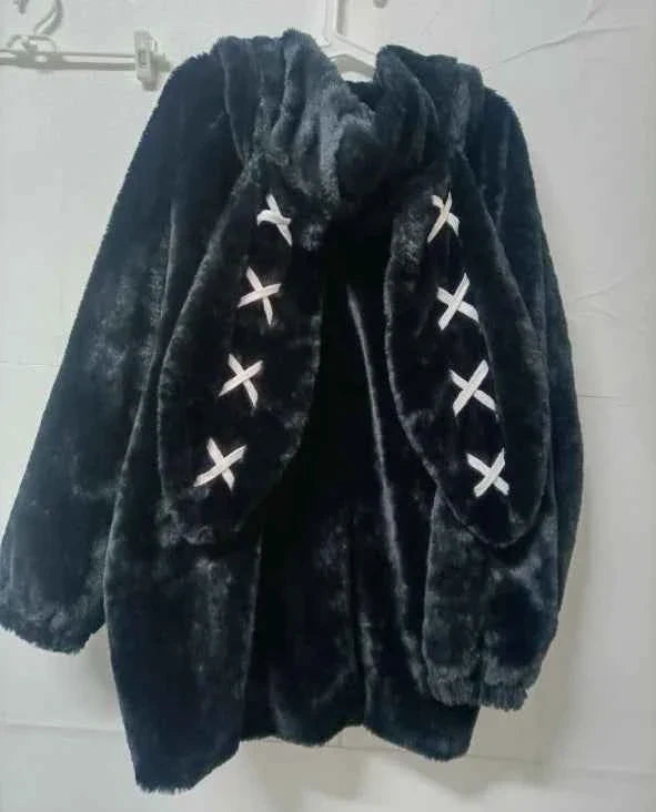 Women's Sweatshirts Rabbit Ears Punk Black Easter Collection Thickened Furry Zipper Oversized Y2k