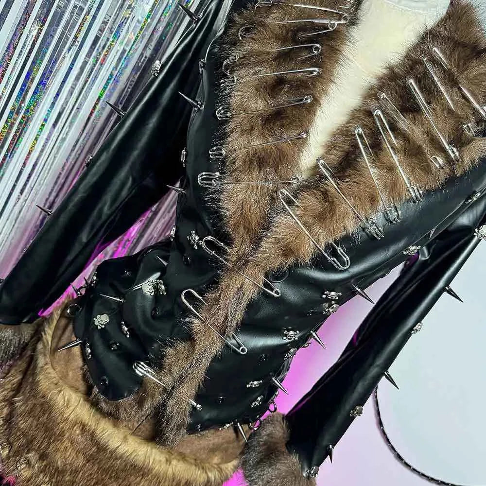 Grunge Goth Hand Made Punk Rock Studded Y2K Vegan Leather Faux Fur Jacket Pin